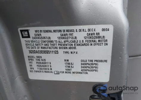 2005 Buick Rendezvous Cx z USA, uszkodzony, nr VIN 3G5DA03E95S511123